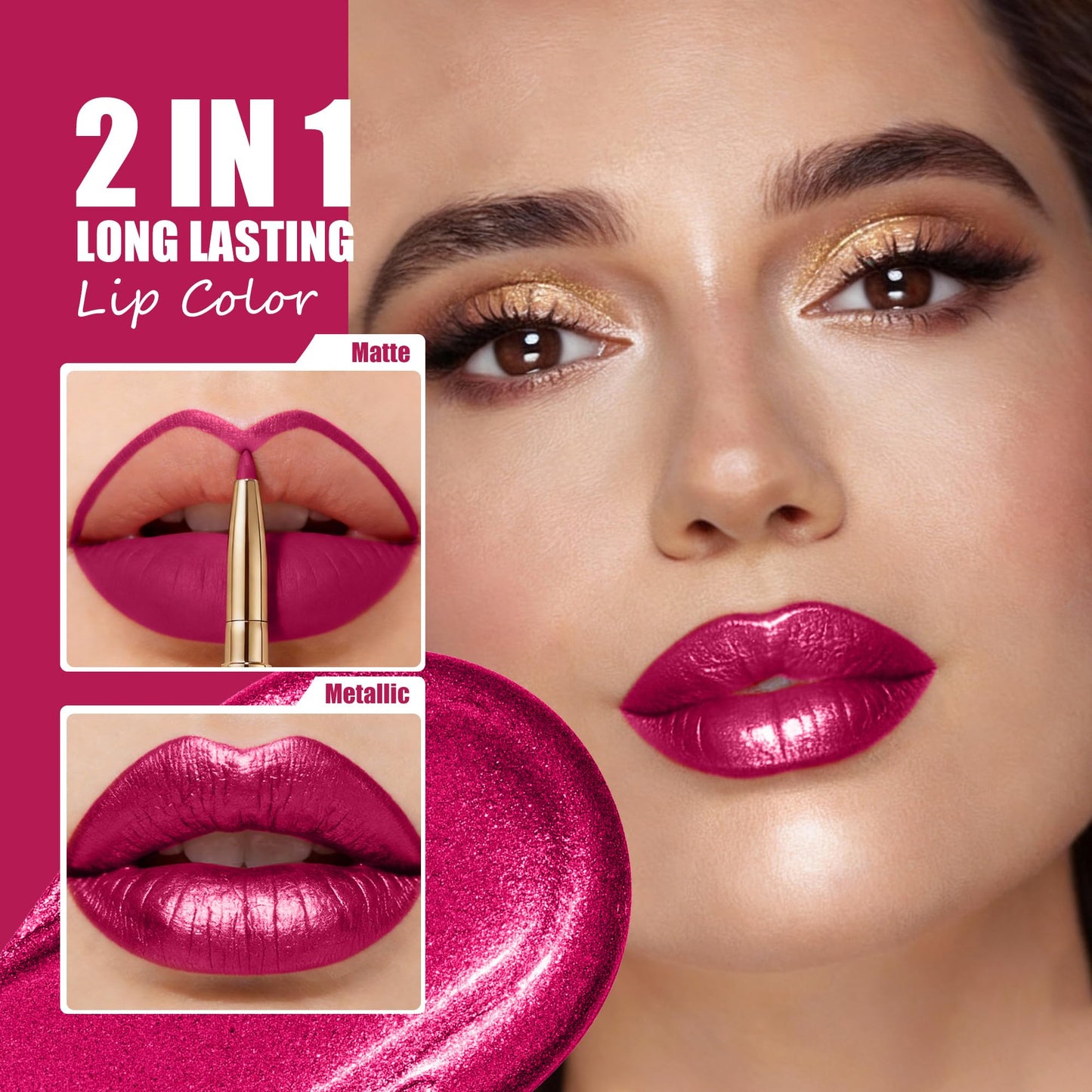 Depuplum Plum Metallic Lipstick and Lip Liner Combo Makeup 2-in-1 Shimmer Glitter Lipsticks for Women Metallic Lip Gloss Stain Burgundy Long Lasting
