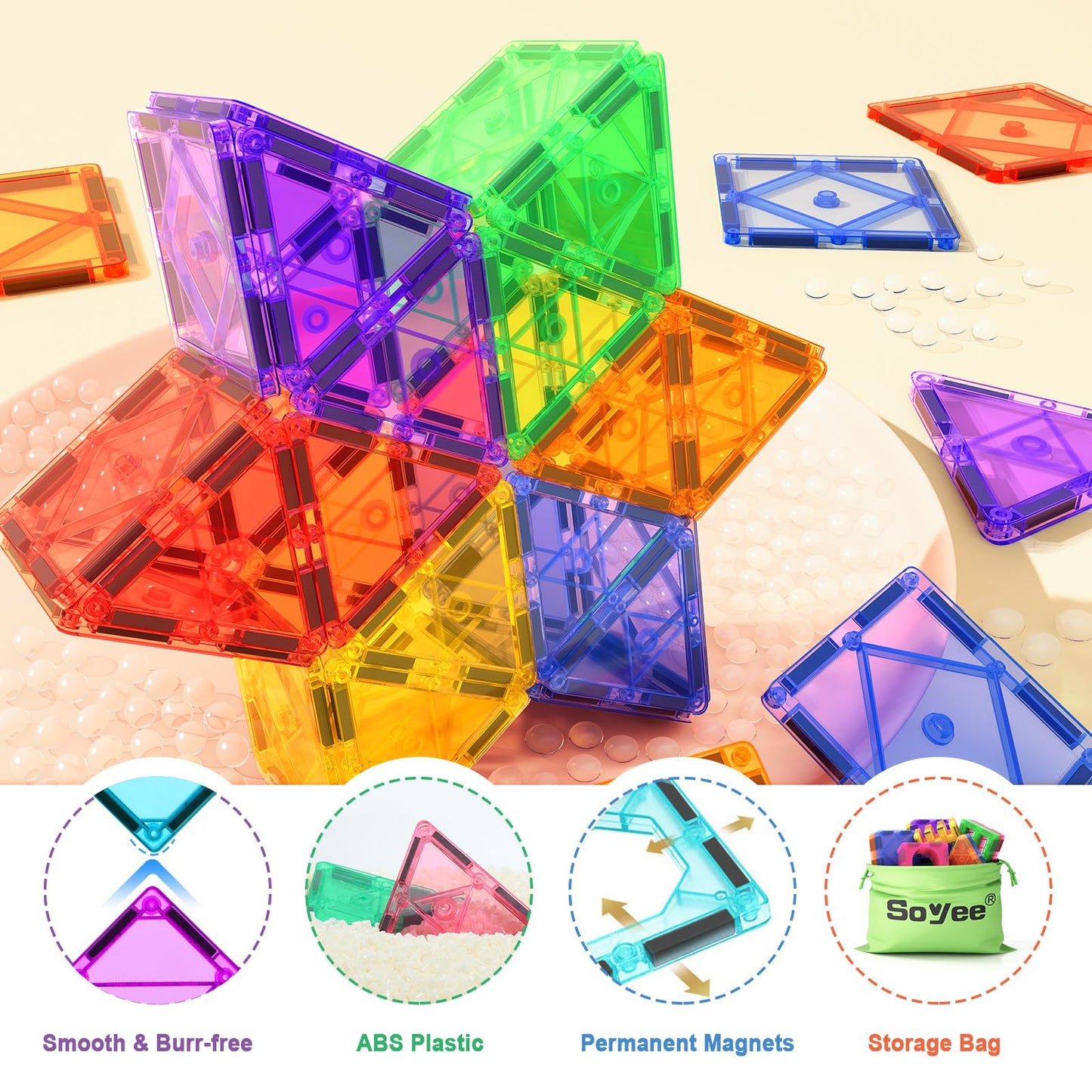 52pcs Magnetic Tiles – STEM Building Blocks Montessori Sensory Toys for Toddlers & Kids, Educational Magnet Set for Boys & Girls Age 3+