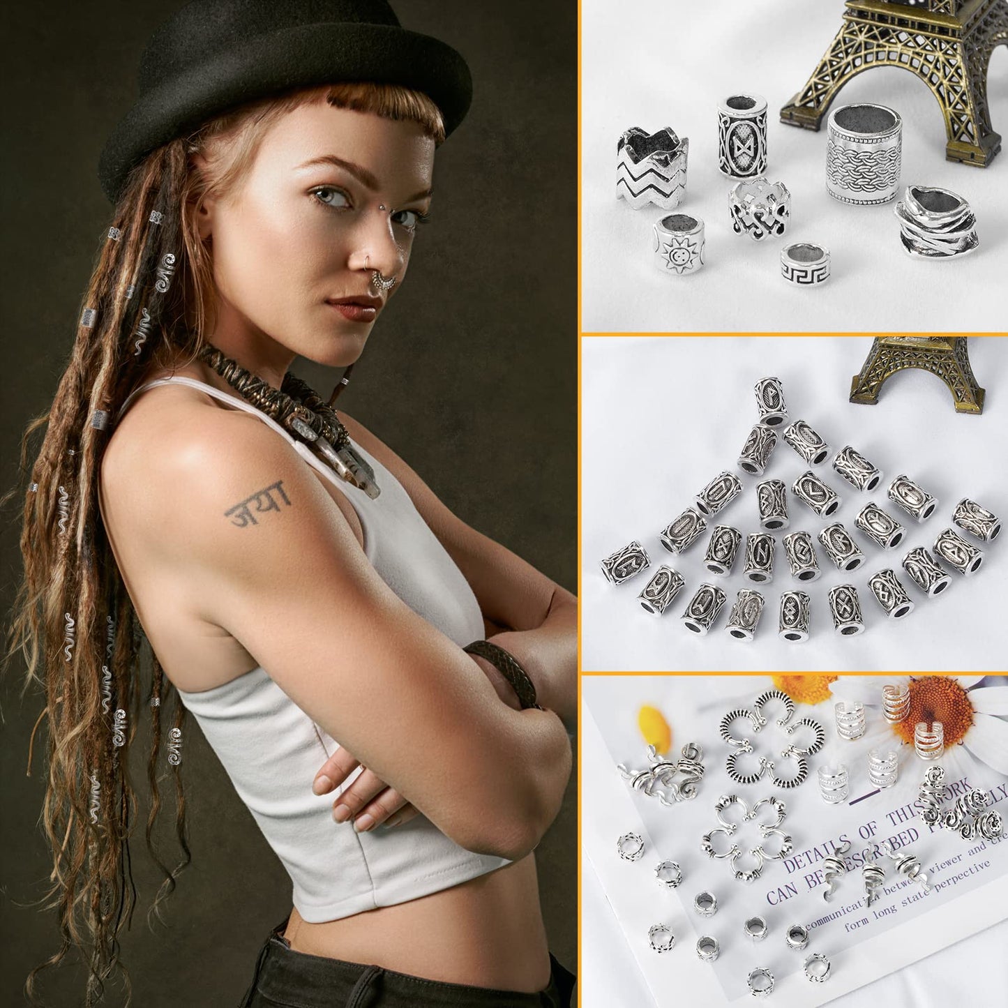 152PCS Vikings Hair Jewelry Norse Runes Tube Beads, Metal Clips Cuffs Rings, Accessories for Braids Dreadlocks Beads for Braiding Beard Decoration