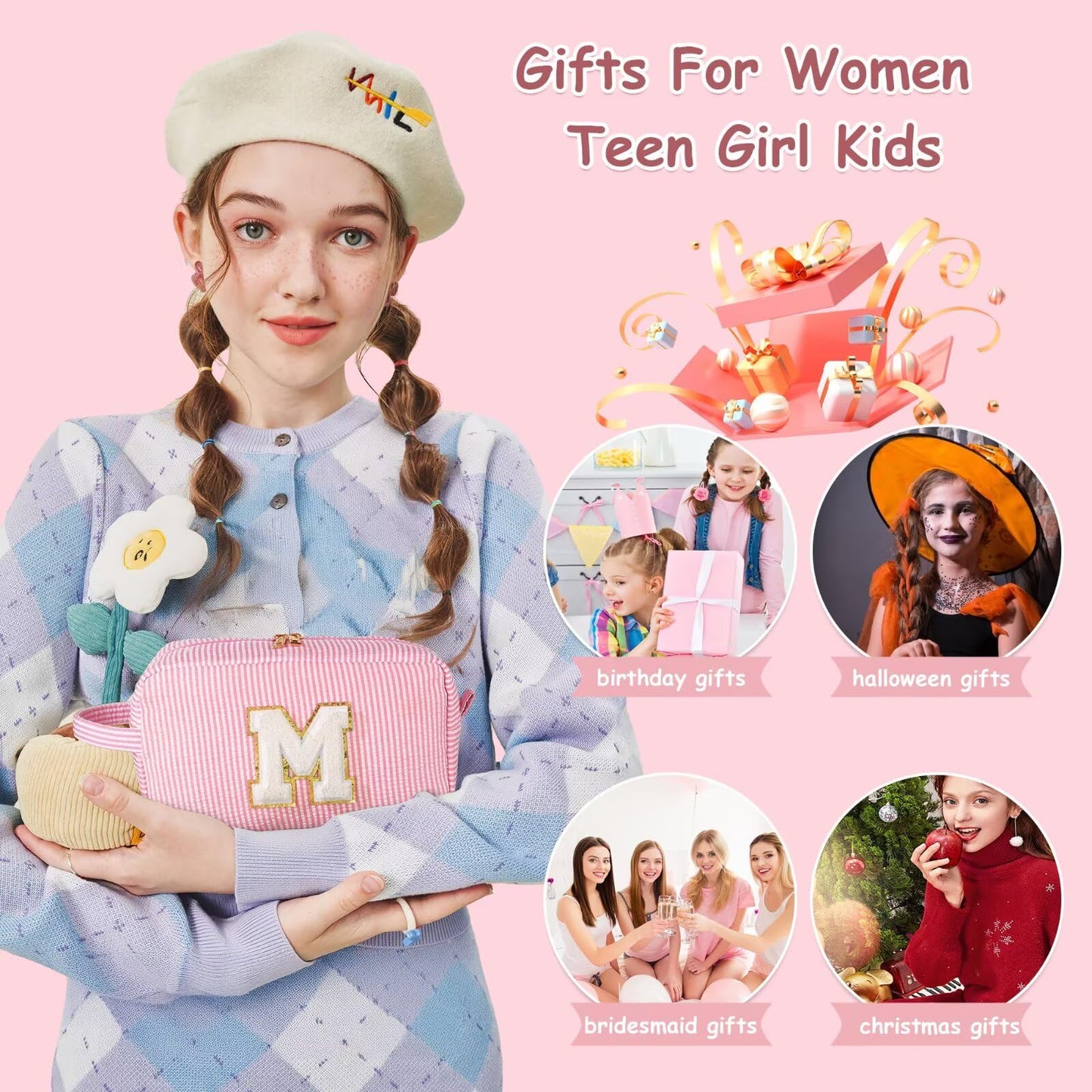 YOOLIFE Birthday Gifts for Girls 4–14 – Trendy Initial Makeup Bag, Cute Pink Travel Toiletry Pouch, Teen Girl Gift Ideas