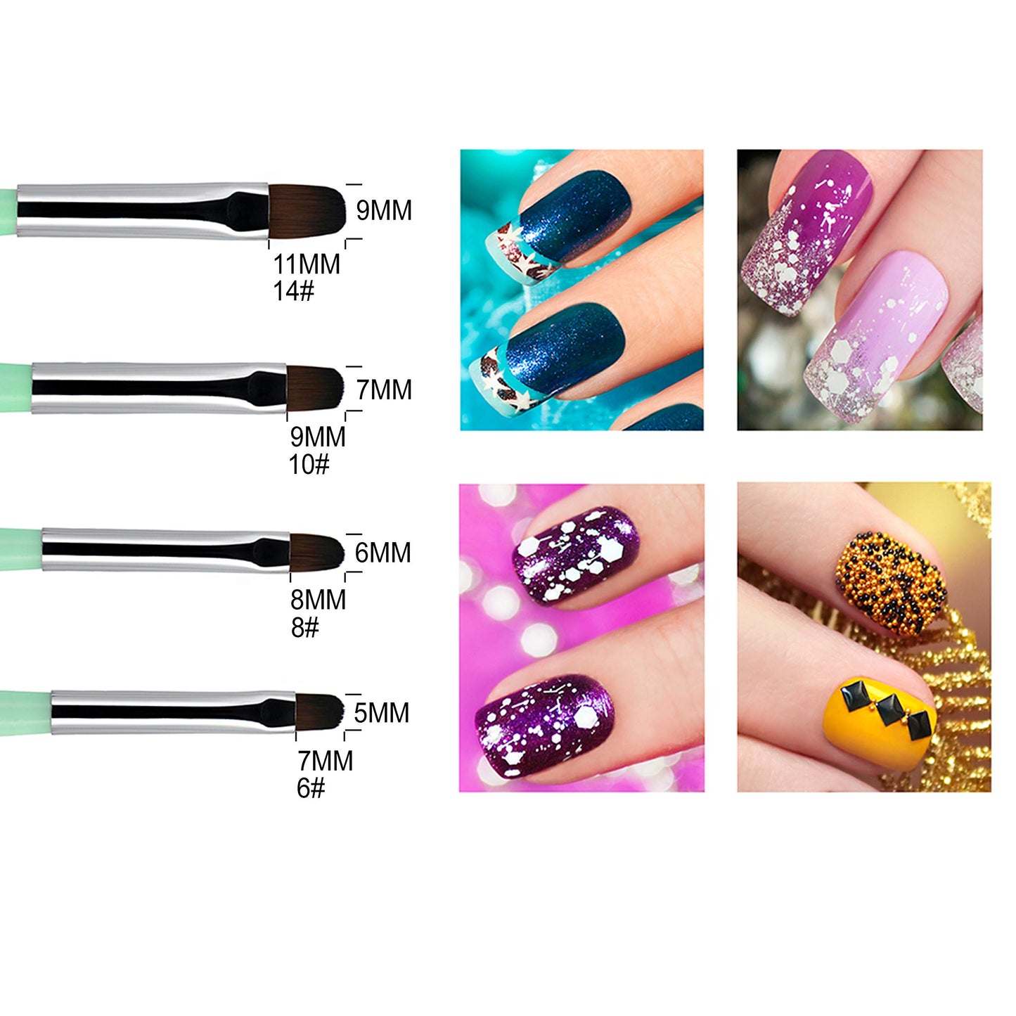 Beaute Galleria - 4pcs Acrylic UV Gel PolyGel Nail Art Brush Set (Size 6, 8, 10, 14), Nail Tips Builder Painting Pen Clean-Up Brush, Wooden Handle