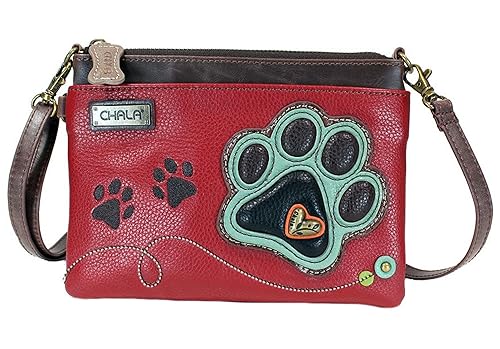 Chala Paw Print Mini Crossbody Handbag Dog Lovers Convertible Straps Dog Mom (Teal Paw/Burgundy)