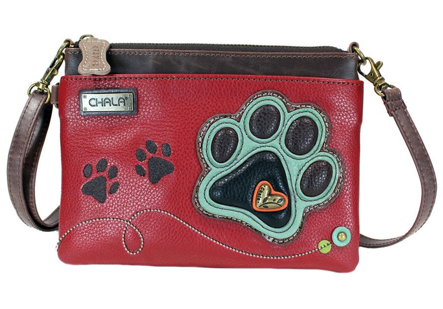 Chala Paw Print Mini Crossbody Handbag Dog Lovers Convertible Straps Dog Mom (Teal Paw/Burgundy)