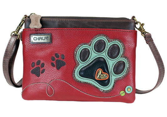 Chala Paw Print Mini Crossbody Handbag Dog Lovers Convertible Straps Dog Mom (Teal Paw/Burgundy)