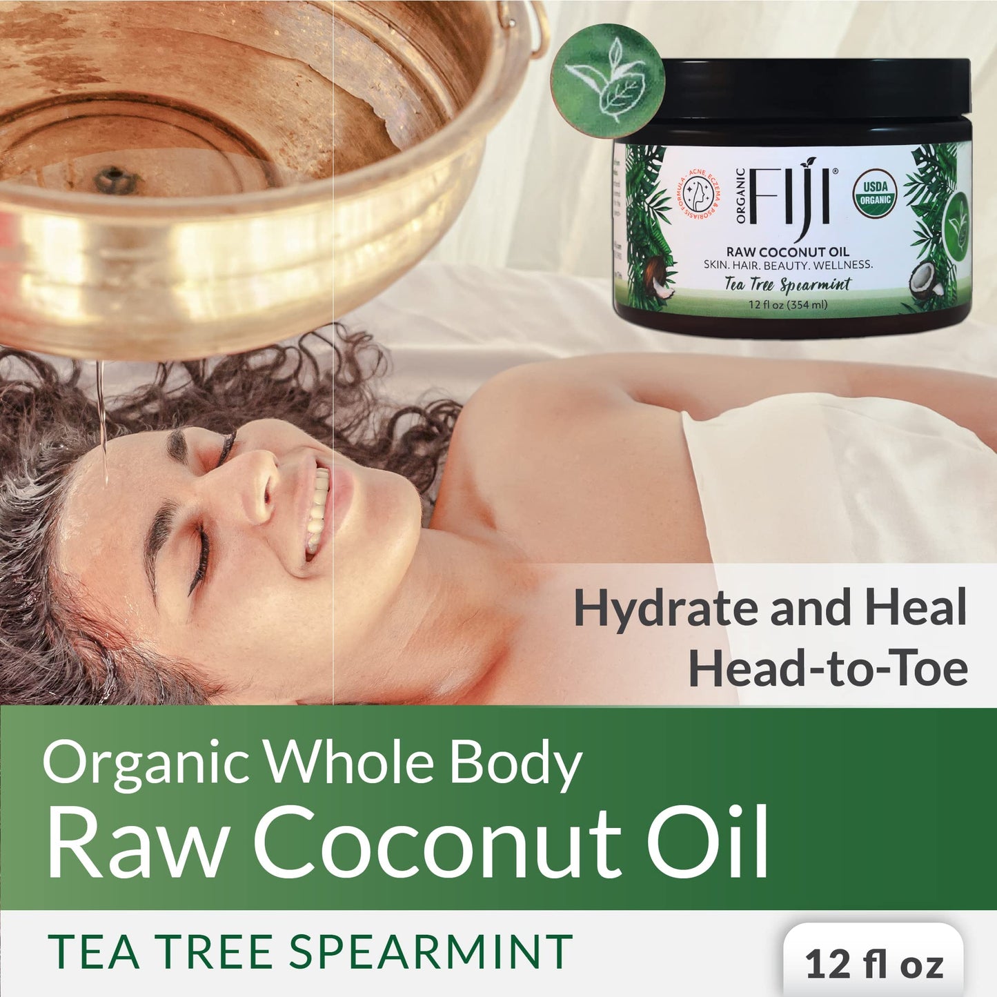 Organic Fiji Raw Cold Pressed Coconut Oil for Hair, Skin, Face & Body | Relaxing Massage Oil | Tea Tree Spearmint,12 oz for Women Men & Baby