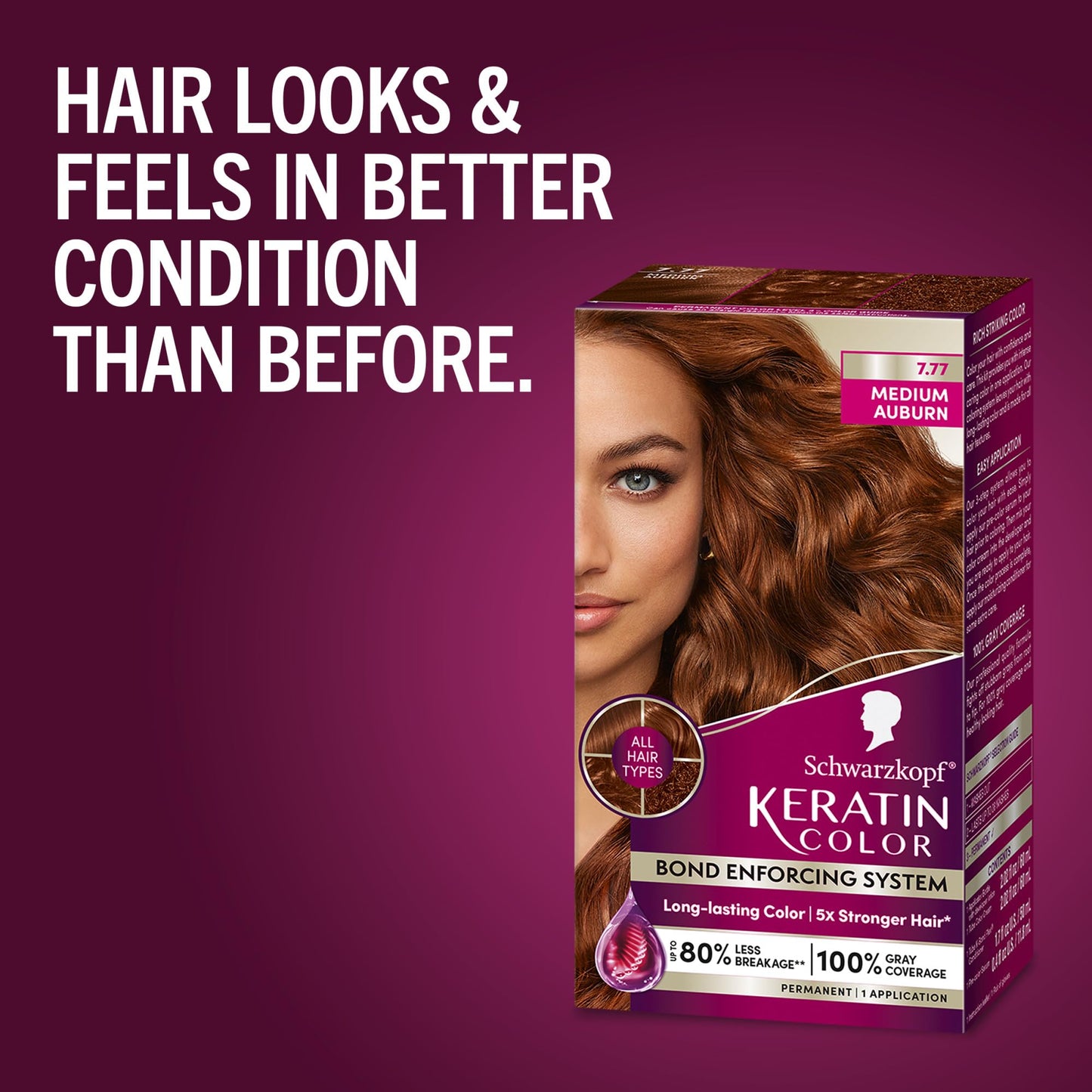 Schwarzkopf Keratin Color Permanent Hair Color, 7.7 Medium Auburn - Professional Quality Permanent Hair Dye, Up to 100% Gray Coverage - 1 Application