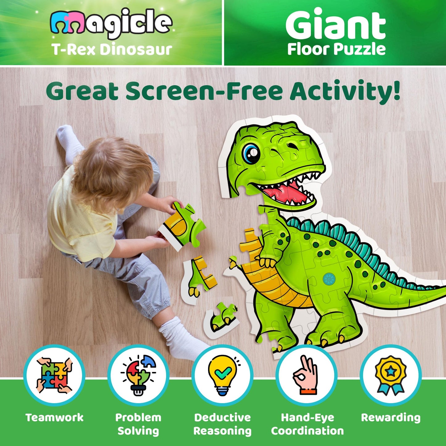 Dinosaur Giant Floor Puzzle with Sounds – 35-Piece Extra Thick Puzzle Toy for Kids Ages 3–8, Educational Dinosaur Toy & Gift