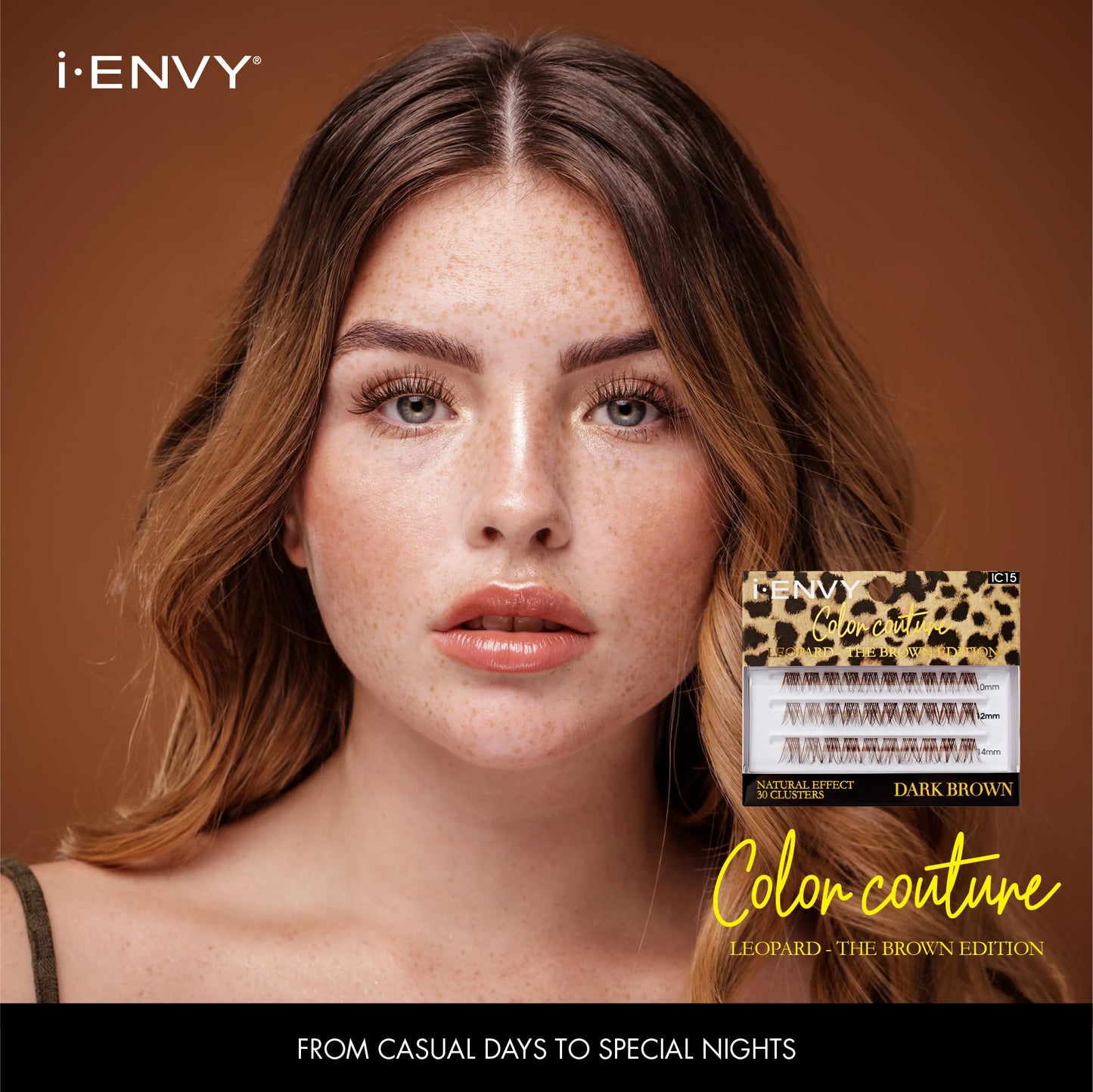 I-Envy Color Couture Leopard - The Brown Edition, 30 Faux Mink Lash Clusters, Thin Band, Customizable, Long-Lasting, Natural Look DIY Color Eyelash…