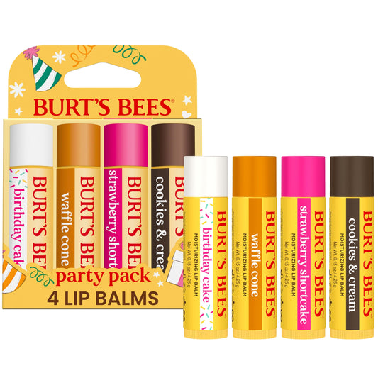 Burt's Bees Lip Balm Party Pack - Birthday Cake, Waffle Cone, Strawberry Shortcake, and Cookies & Cream, All Day Moisturizer, Tint-Free, Natural