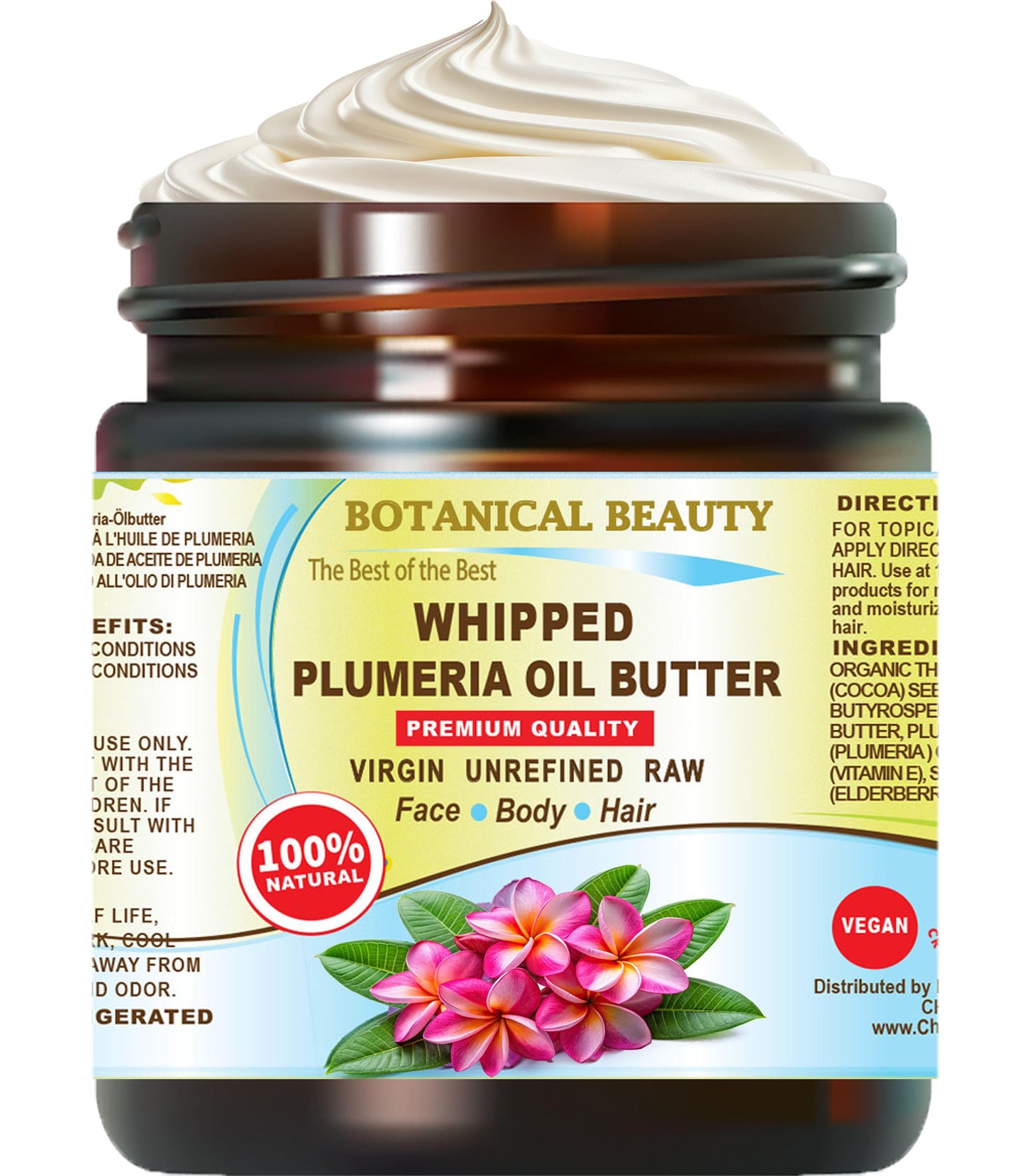 Botanical Beauty Whipped PLUMERIA OIL BUTTER 100% Natural Pure RAW. Cocoa Butter, Shea Nut Butter, Plumeria Oil Virgin Unrefined Cold Pressed