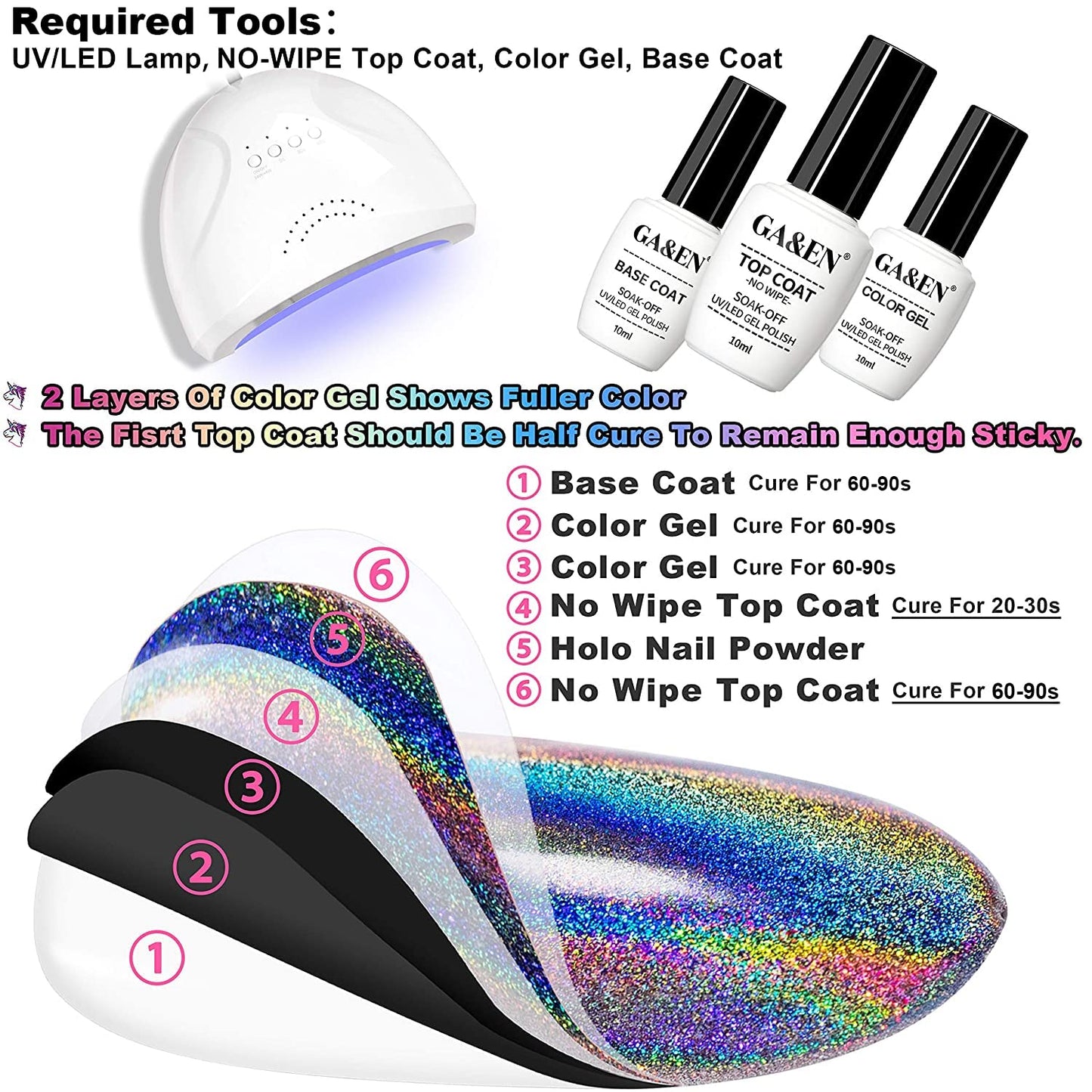 GA&EN Holographic Nail Polishing Powder Fine Rainbow Holo Unicorn Mirror Laser Effect Multi Chrome Manicure Pigment Glitter Dust for Salon Home Nail