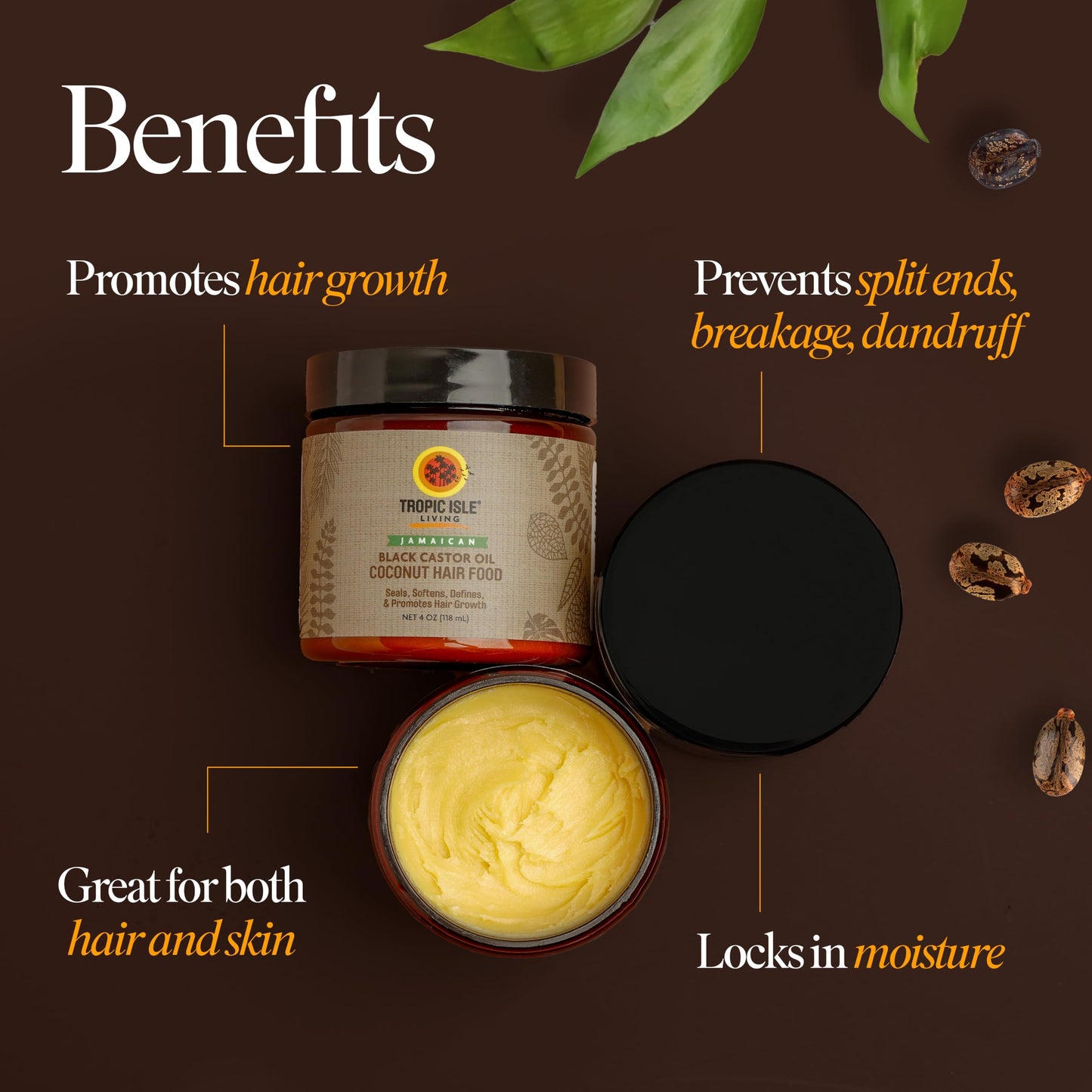 Jamaican Black Castor Oil Coconut Hair Food 4 oz | Seals, Softens, Defines & Promotes Hair Growth | Traditional Handmade Jamaican Black Castor Oil