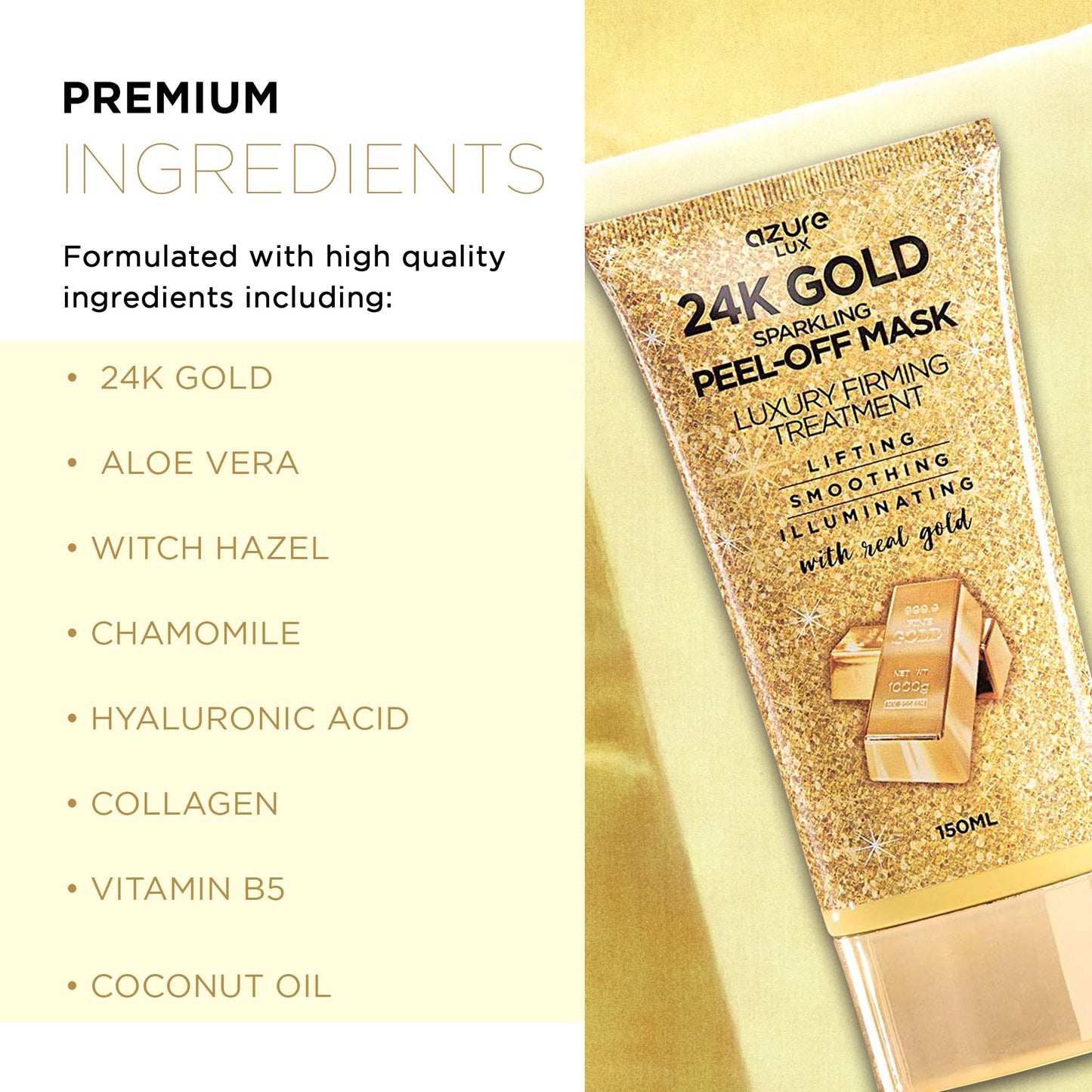 AZURE 24K Gold Firming Peel Off Face Mask- Anti Aging, Lifting, Illuminating & Revitalizing - Removes Blackheads, Dirt & Oils - With Hyaluronic Acid