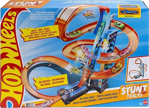 Hot Wheels Sky Crash Tower Track Set, 2.5+ ft / 83 cm High with Motorized Booster, Orange Track & 1 Hot Wheels Vehicle, Race Multiple Cars, Gift for…