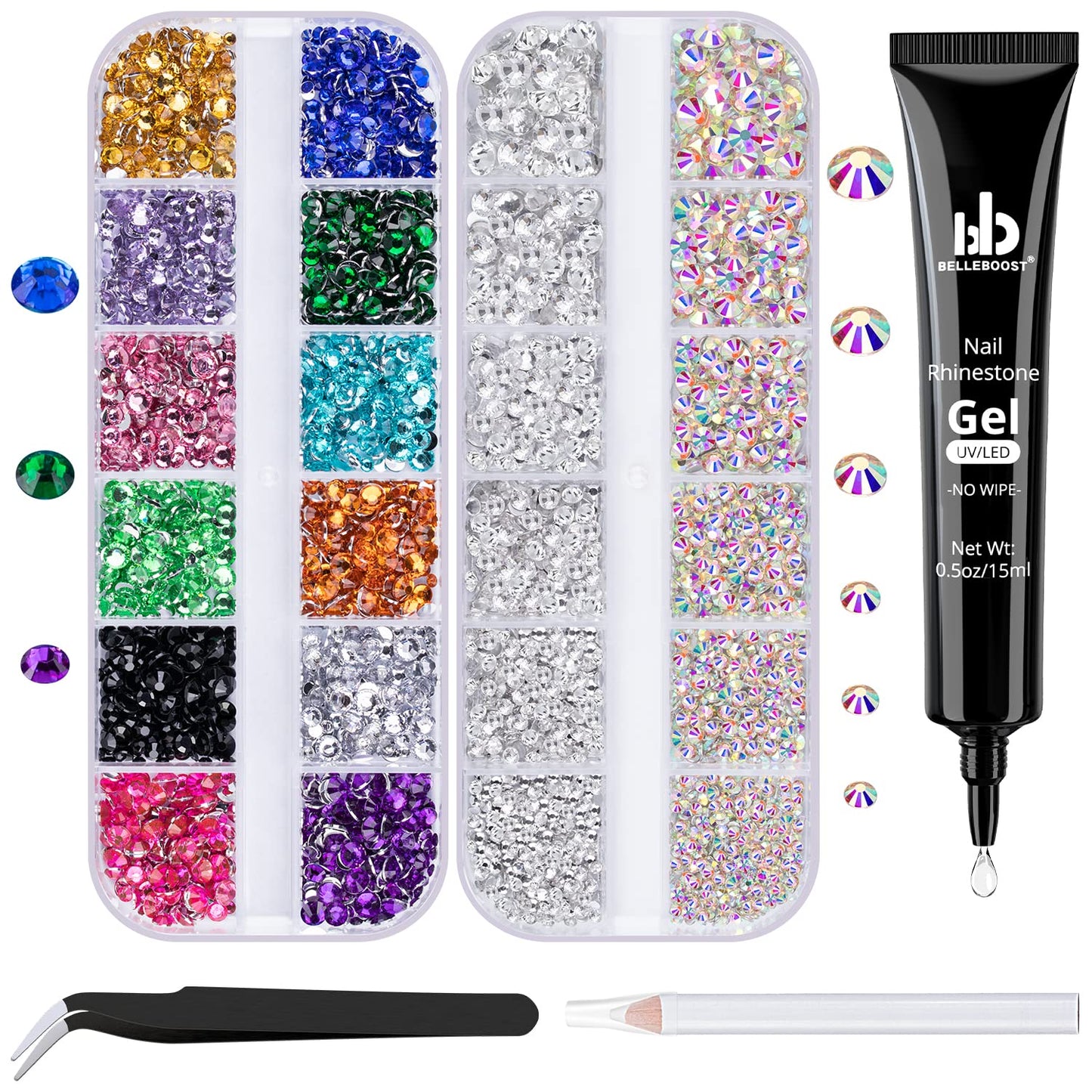 BELLEBOOST Nail Art Rhinestone Kit, 15ml Rhinestone Gel Glue+Colorful Gems+Flatback Glass Crystal AB&Clear Gemstones with Pickup Tools for Bedazzling