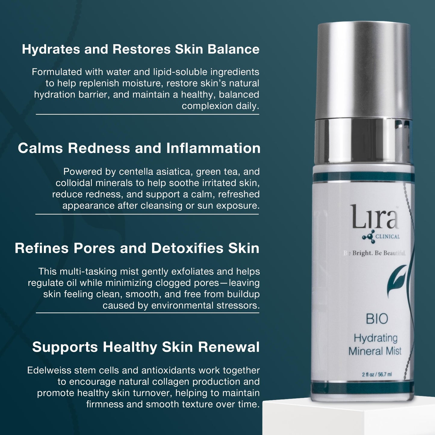 Lira Clinical BIO Hydrating Mineral Mist - Face Mist Hydrating Spray with Plant Stem Cells - Calming & Glowing Facial Mist - 2 Ounce