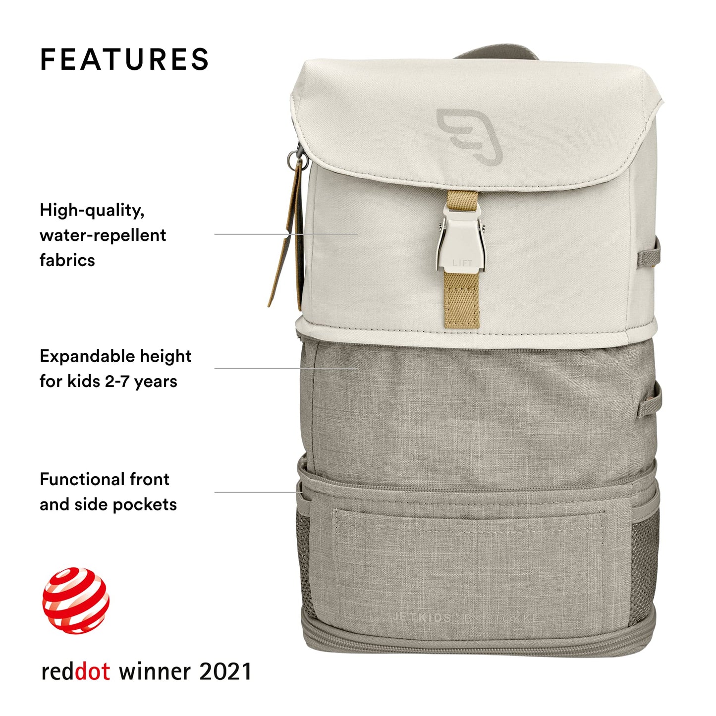 JetKids Stokke BackPack, White - Expandable Design for Kids 2-7 Years Old - Easy-to-Clean, Water Repellent Fabric - Includes Pull-Out Seat Pad, Name Tag & Detachable Captain Stripes