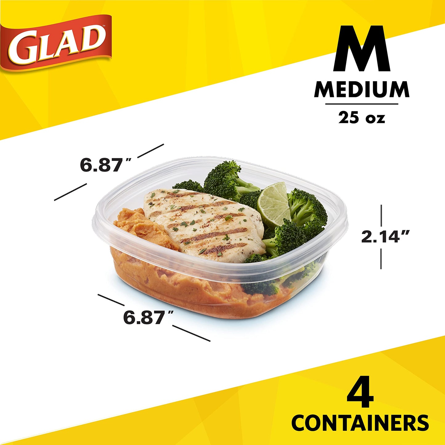 Glad GladWare Design Series Food Storage Containers - Medium Rectangle - Meal Container Holds up to 24 Ounces of Food - Lock Tight Seal, 4 Count