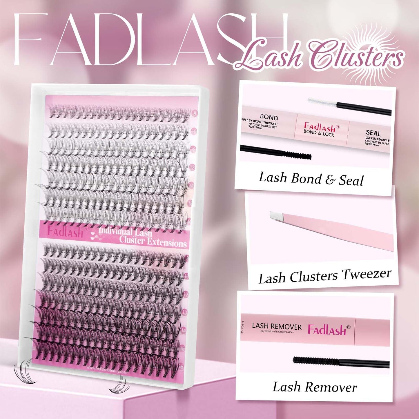 FADLASH Lash Clusters Kit 8-16mm Eyelash Cluster Lashes with Lash Bond and Seal Lash Remover Lash Tweezers DIY Lash Extension Kit (10D+20D-07C-8-16 Beauty and Personal Care FADLASH