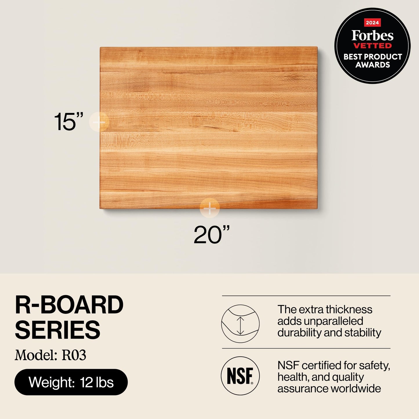 John Boos R-Board Series Rectangular Wooden Maple Cutting Board 20”x15” - 1.5” Thick, 12-lb Reversible Butcher Block with Edge-Grain & Finger Grips…