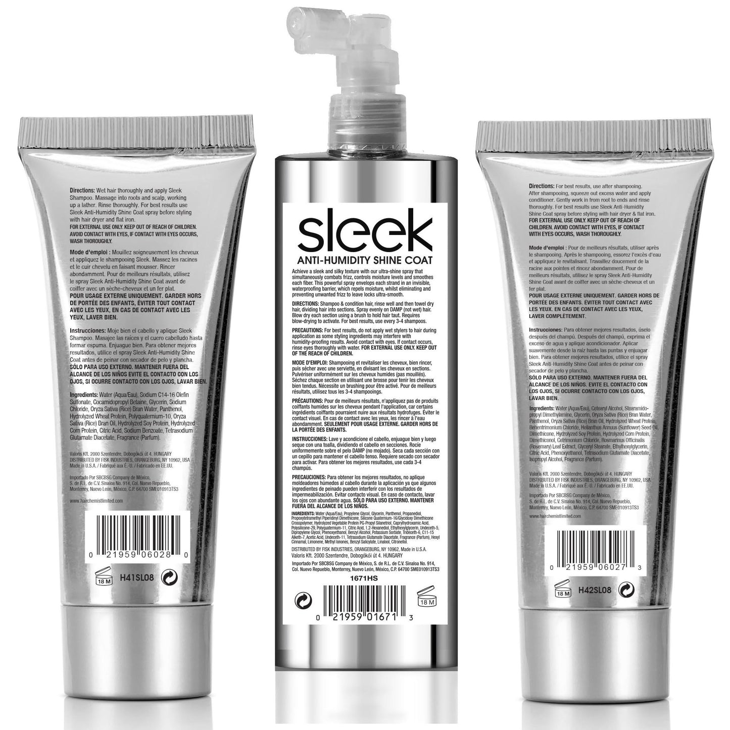 Hair Chemist Sleek Anti-Humidity Shampoo 8oz, Conditioner 8oz & Shine Coat 8oz 3-PC SET - Frizzy Hair Shampoo and Anti-Frizz Treatment Collection