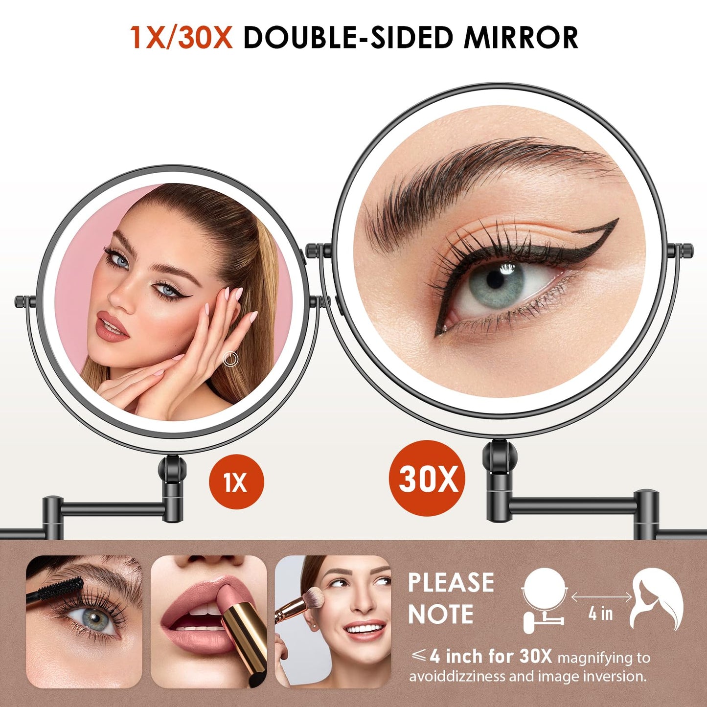 ZLOKLA 9" Wall Mounted Lighted Makeup Mirror,4000mAh Rechargeable Double Sided 1X/30X Magnifying Mirror with Light,Touch Dimmable,Extended Arm 360 Beauty and Personal Care ZLOKLA
