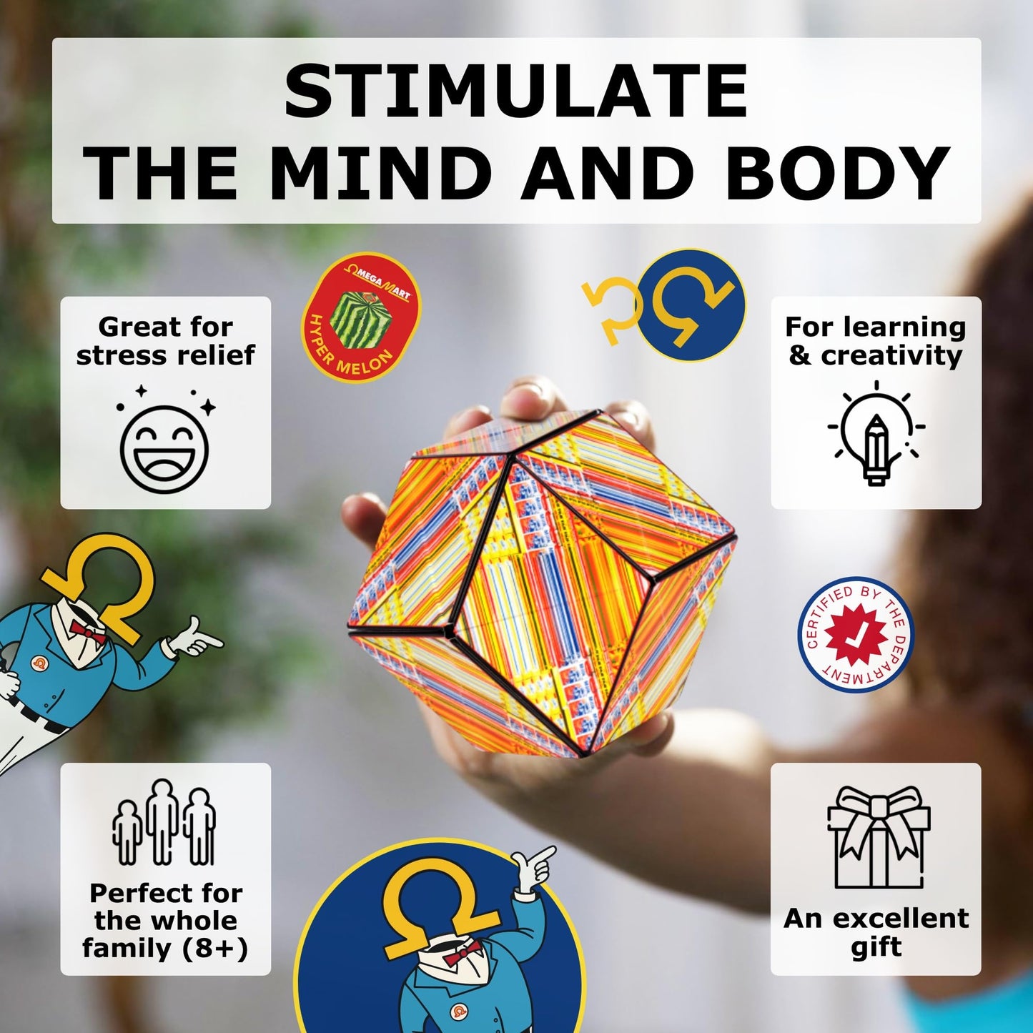 SHASHIBO Shape Shifting Box – Award-Winning Fidget Cube with 36 Magnets, Transforms into 70+ Shapes, Sensory Toy Gift for Kids, Teens & Adults (Hyper Melon)