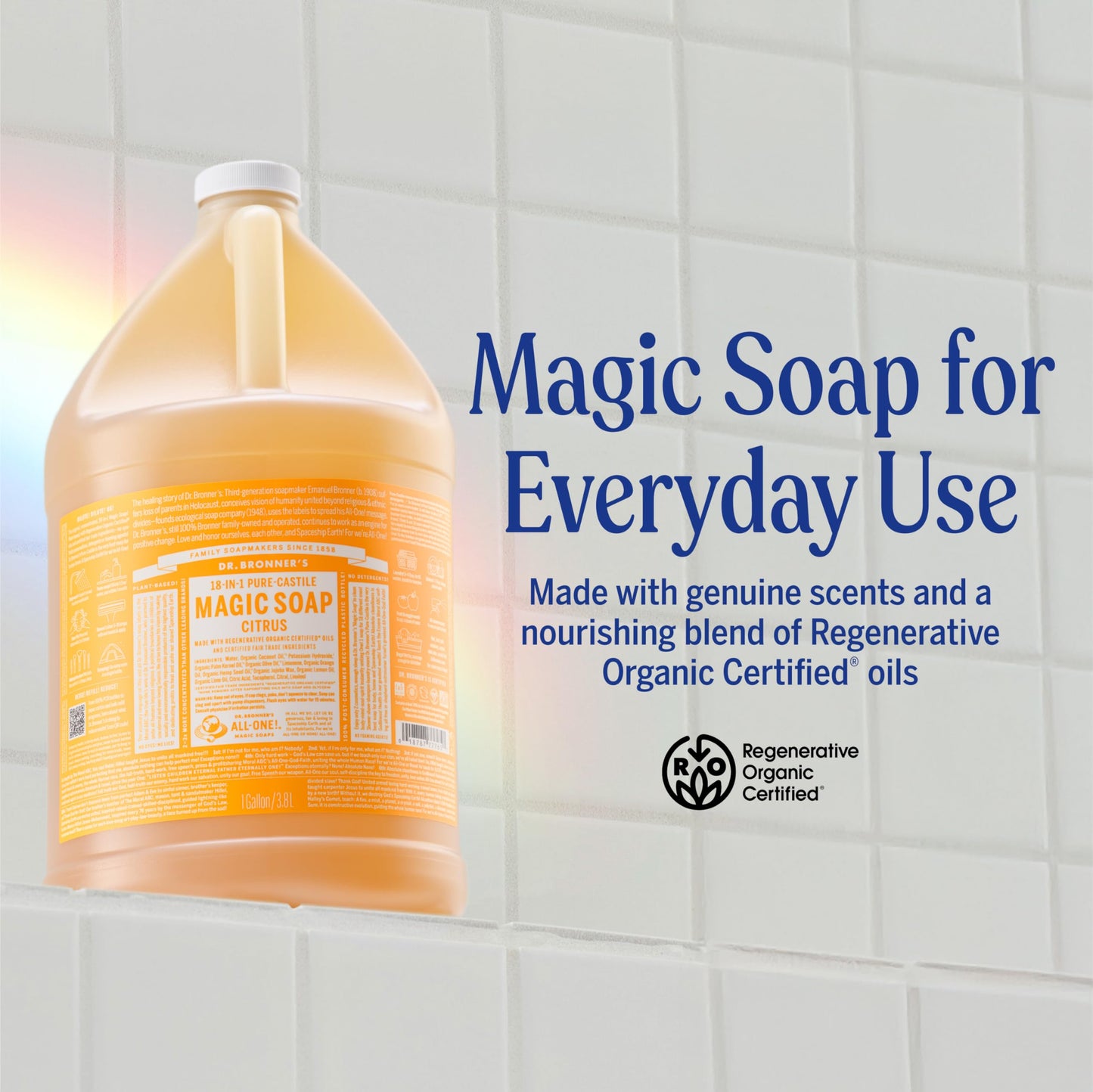 Dr. Bronner's Pure-Castile Magic Soap Liquid (Citrus, 1 Gallon) - Made with Regenerative Organic Certified Oils, 18-in-1 Uses: Face, Body, Hair