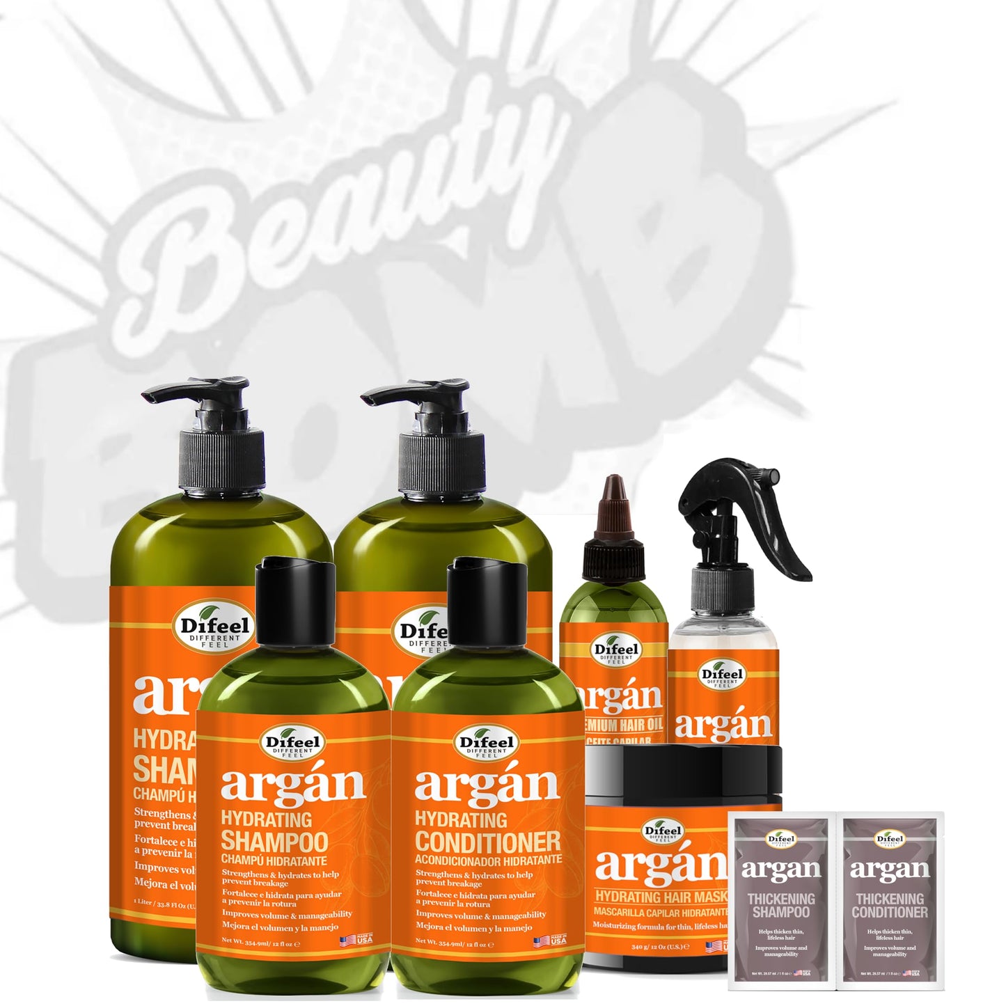 Difeel Argan Hydrating Shampoo & Conditioner Collection - 8 Piece Set, Includes Hair Oil, Mask, Leave in Spray, Travel Size - Sulfate Free, Paraben