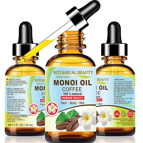 Botanical Beauty MONOI OIL COFFEE. Frangipani flowers in Coconut Oil with Coffee aroma. 100% Natural Pure for FACE, SKIN, BODY, HAIR, NAILS. Luxury