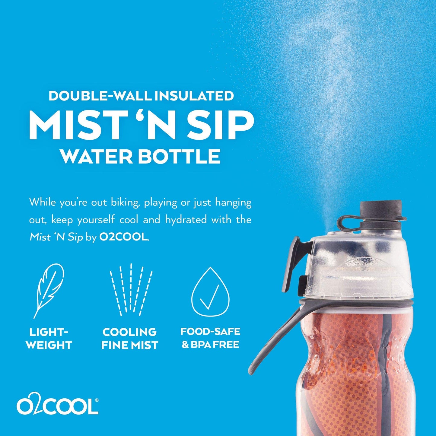 O2COOL Mist 'N Sip Misting Water Bottle 2-in-1 Mist And Sip Function With No Leak Pull Top Spout Reusable Sports Water Bottle - 20 oz (2 Pack