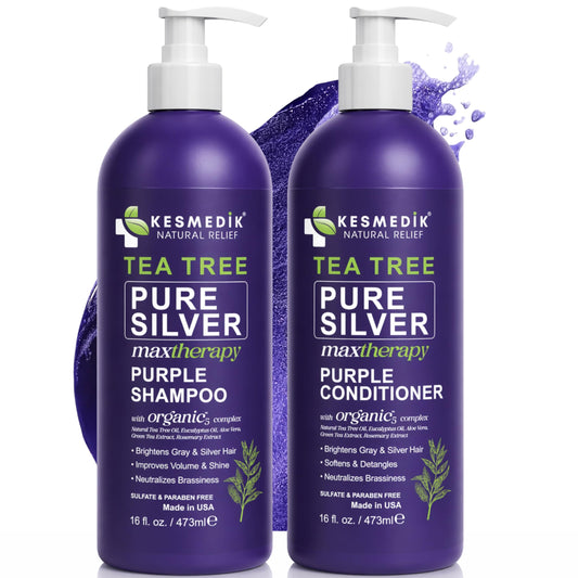 KESMEDIK Tea Tree Purple Shampoo & Conditioner Set with Rosemary & Aloe, Professional Anti Brass Toner, Removes Yellow Tones for Gray, Bleached, White