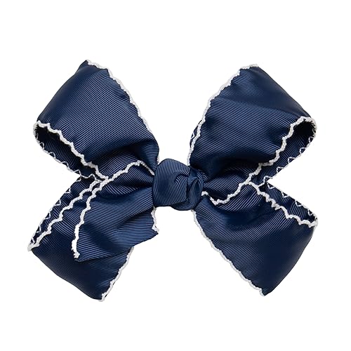 HAIRBOWS Girls' Grosgrain Moonstitch Hair Bow with a Knot Wrap Center on a Clip, All Ages and Hair Types, 6 Inch Bow, Navy w/White Trim