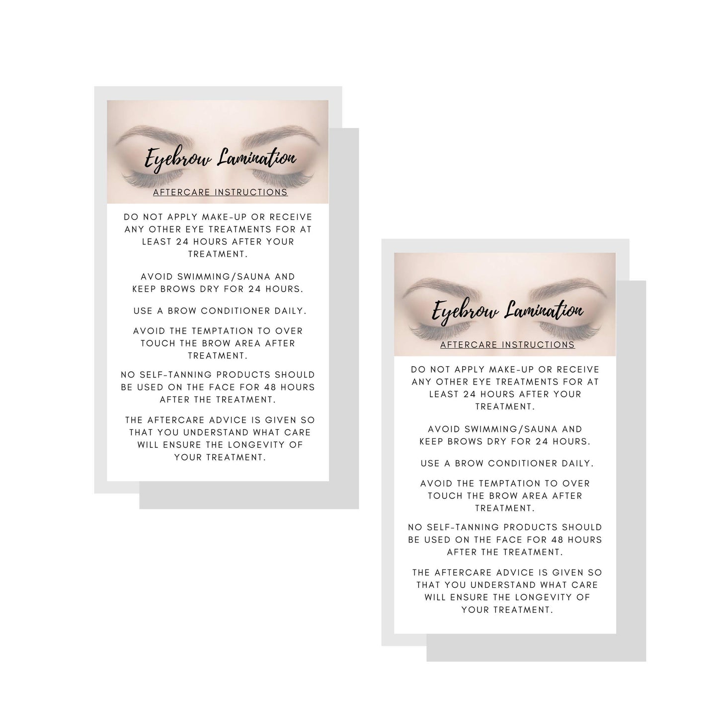 Eyebrow Lamination Aftercare Instruction Cards | Physical Printed 2 x 3.5” inches Business Card Size | White with Brow Photo Design | Starter Lift Kit