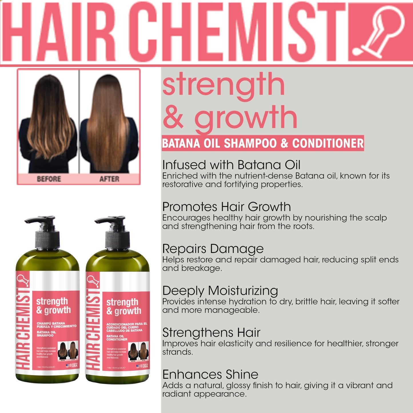 Hair Chemist Strength & Growth Batana Oil Shampoom Conditioner Set 33.8 oz. & Hair Oil 7.1 oz. (3-PC Set) - Batana Shampoo and Conditioner for Hair