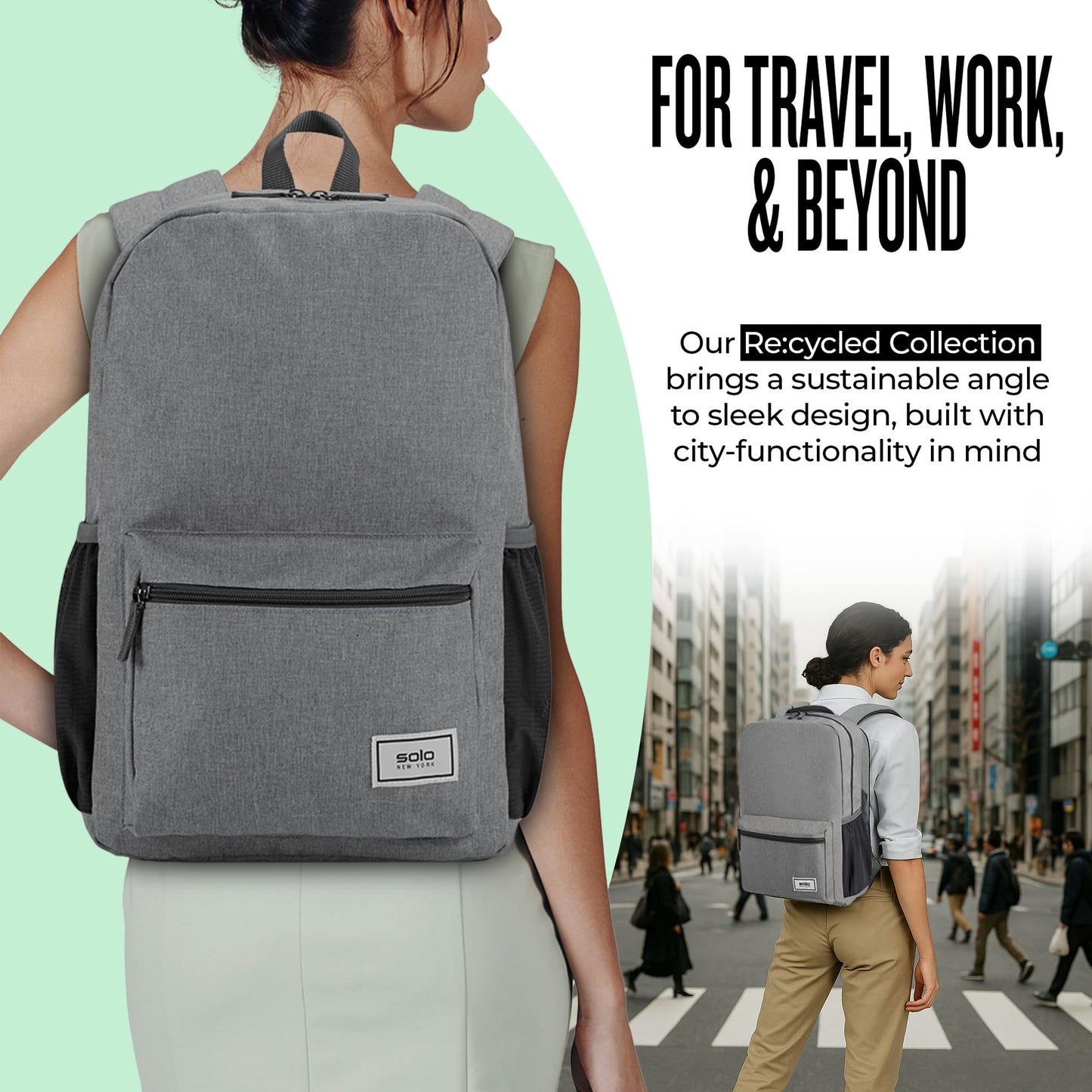 Solo New York Laptop Backpack for Women & Men -Carry On Bookbag for Travel & Work, Lightweight Bag, Side Mesh Pockets, Fits 15.6" Computer - Re:Solve, Grey