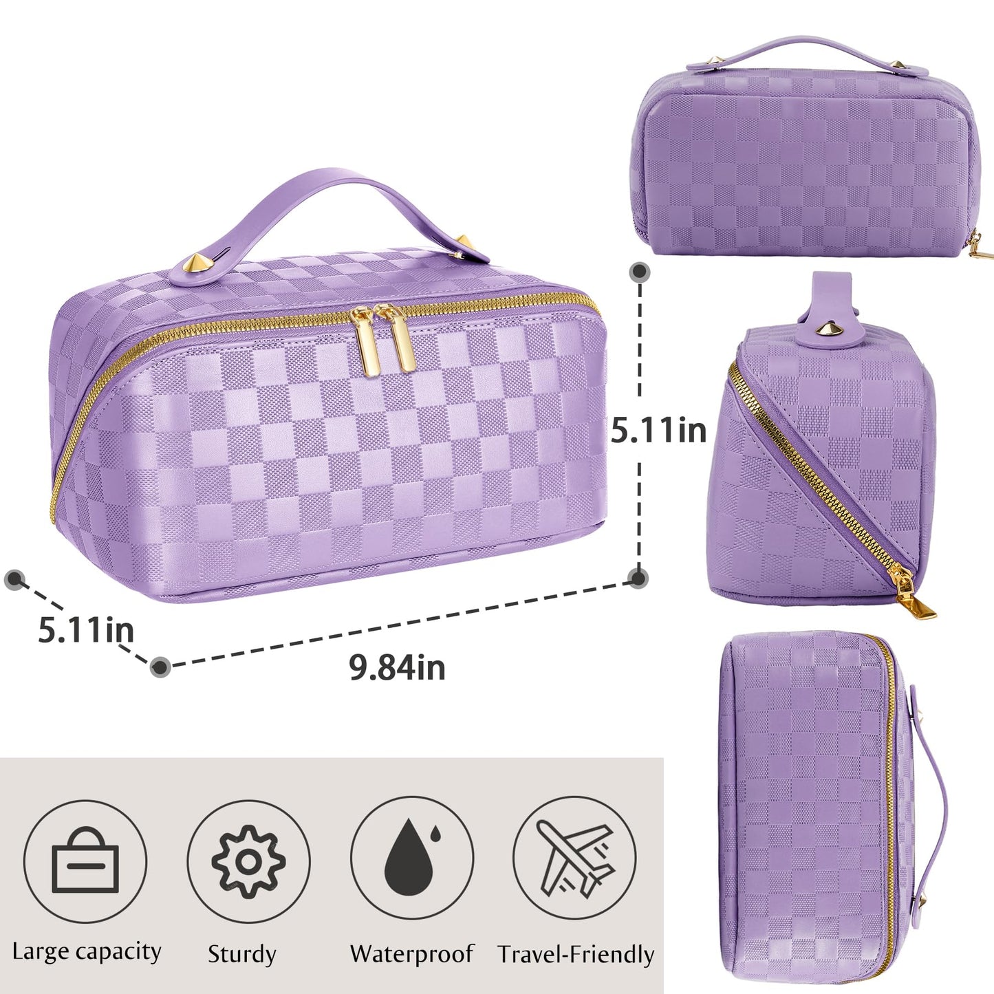 ALEXTINA Travel Makeup Bag, Vegan Leather Large Capacity Cosmetic Bags for Women,Waterproof Portable Pouch Open Flat Toiletry Bag Makeup Bag Organizer Beauty and Personal Care ALEXTINA