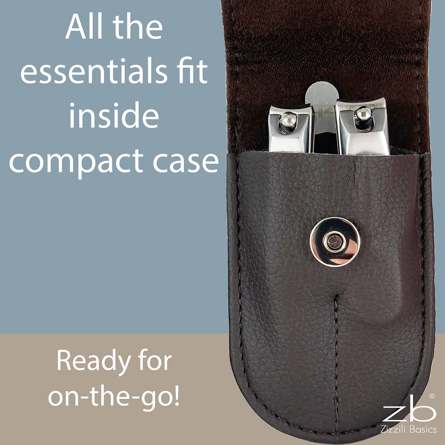 Nail Clippers by Zizzili Basics - 3 Piece Nail Clipper Set - Stainless Steel Fingernail & Toenail Clippers with Nail File and Brown Travel Case - Best