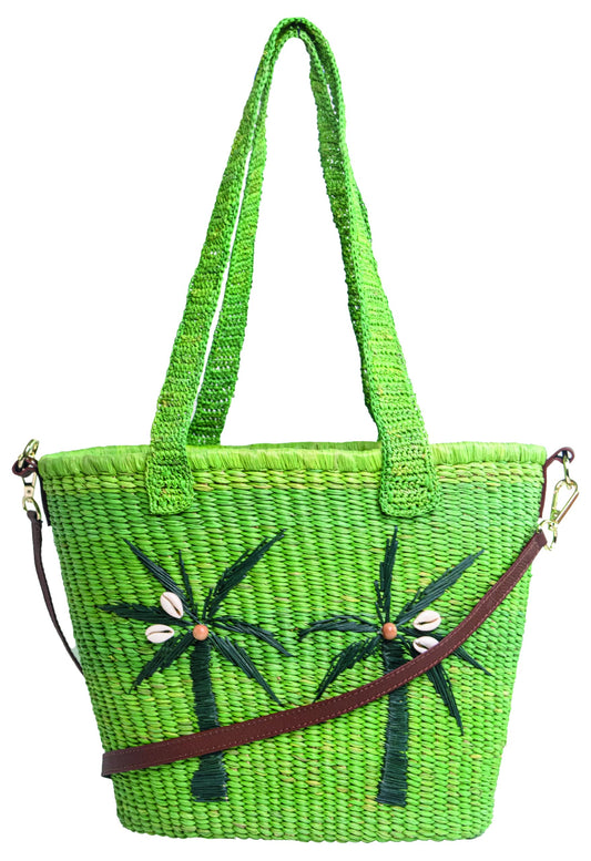 Sensi Studio, Palmas Tote Bag, Olive Green Straw / Cognac Leather Strap