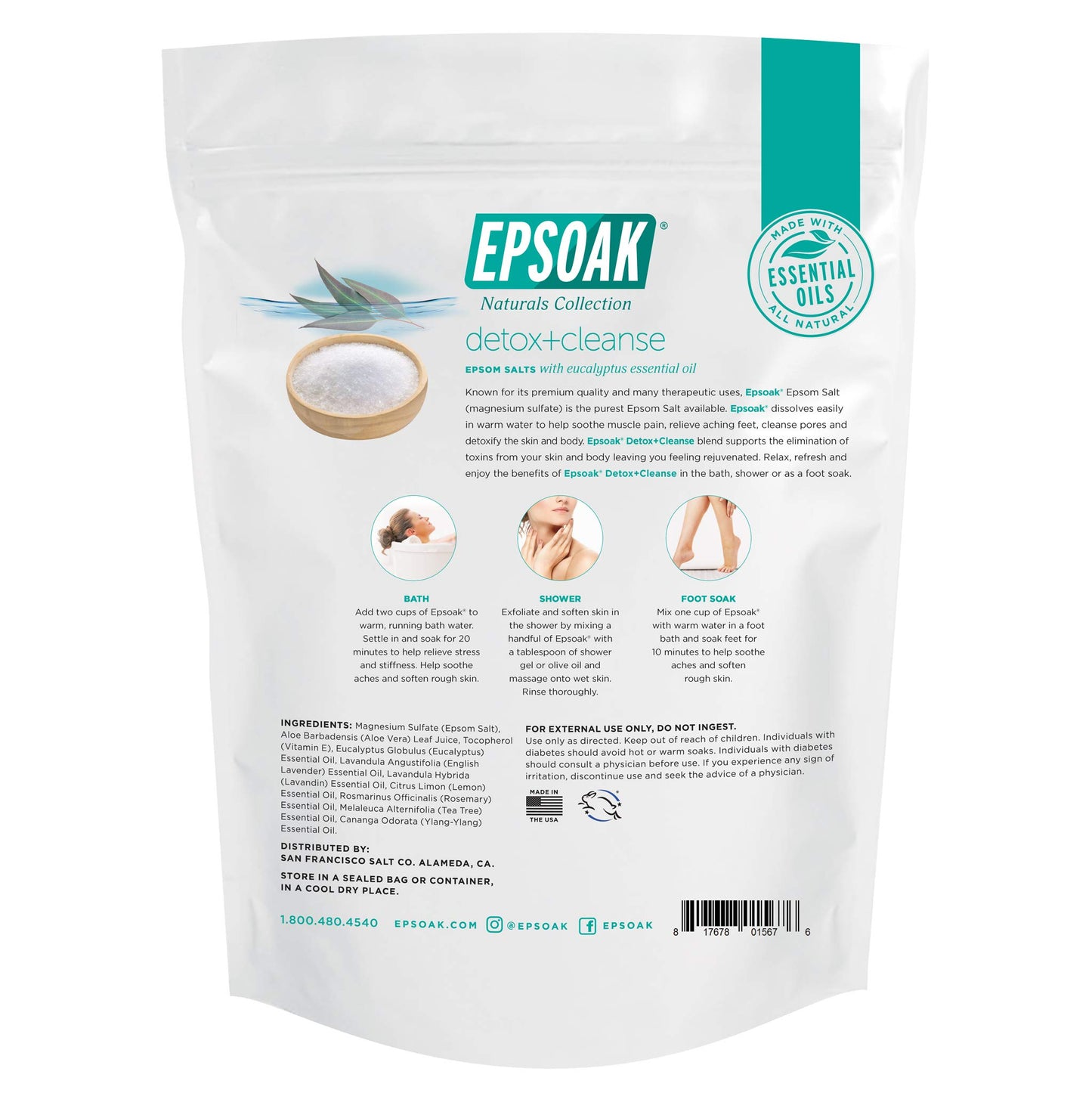Epsoak Epsom Salt 2 lb. USP Magnesium Sulfate with Detox + Cleanse Scent Resealable Epsom Salt Bag, Made in The USA, Cruelty-Free Certified Beauty and Personal Care Epsoak