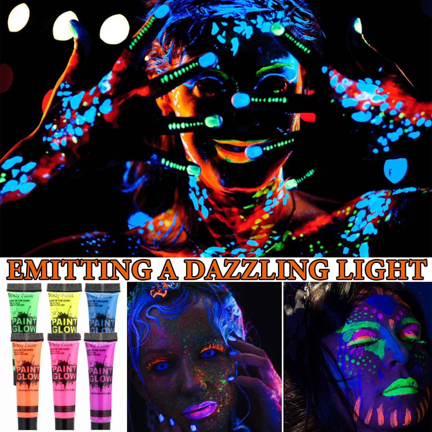 6 Pcs Glow in the Dark Face Body Paint,Blacklight Neon Face & Body Paints,Easily Cleanable Paint Set Neon Makeup Glow in the Dark Party Supplies
