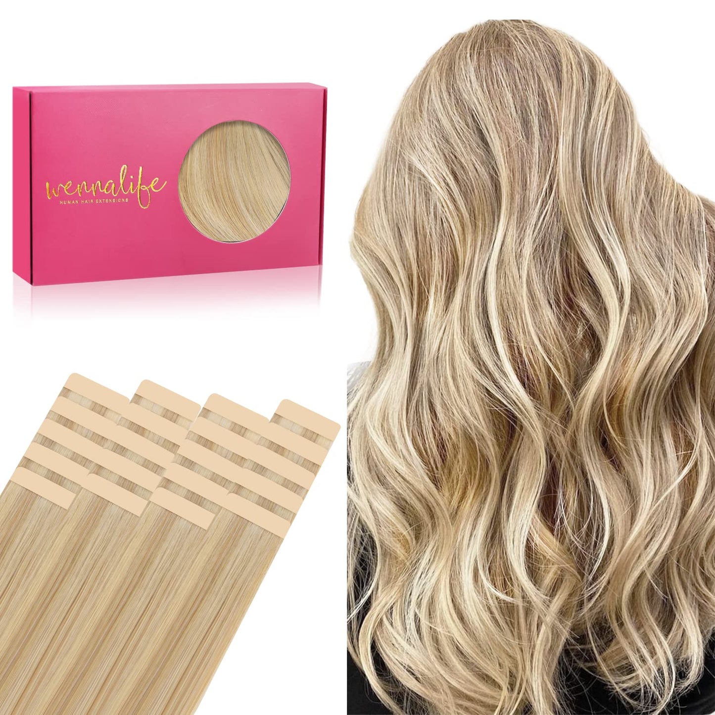 WENNALIFE Tape in Hair Extensions Human Hair, 20pcs 50g 16 inch Light Blonde Highlighted Golden Blonde Remy Hair Extensions Straight Human Hair Tape Beauty and Personal Care Wennalife Default Title