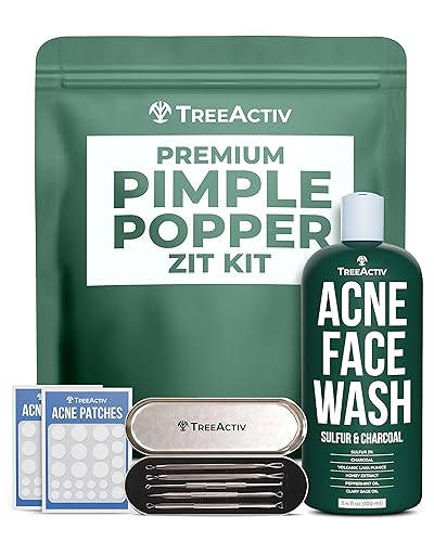 TreeActiv Pimple Popper Tool Kit with Face Wash and Acne Patches, Professional Blackhead Remover Tools Facial Kit, Stainless Steel Blackhead Extractor