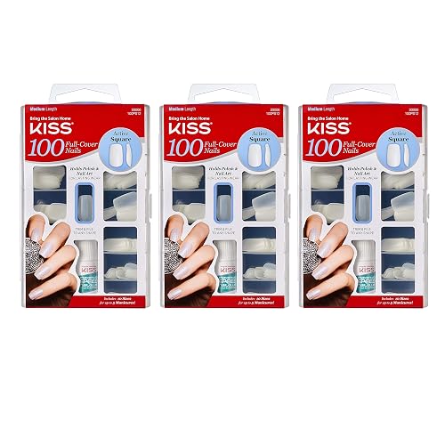 Kiss 100 Full Cover Nails Active Square (Pack of 3) Beauty & Personal Care KISS