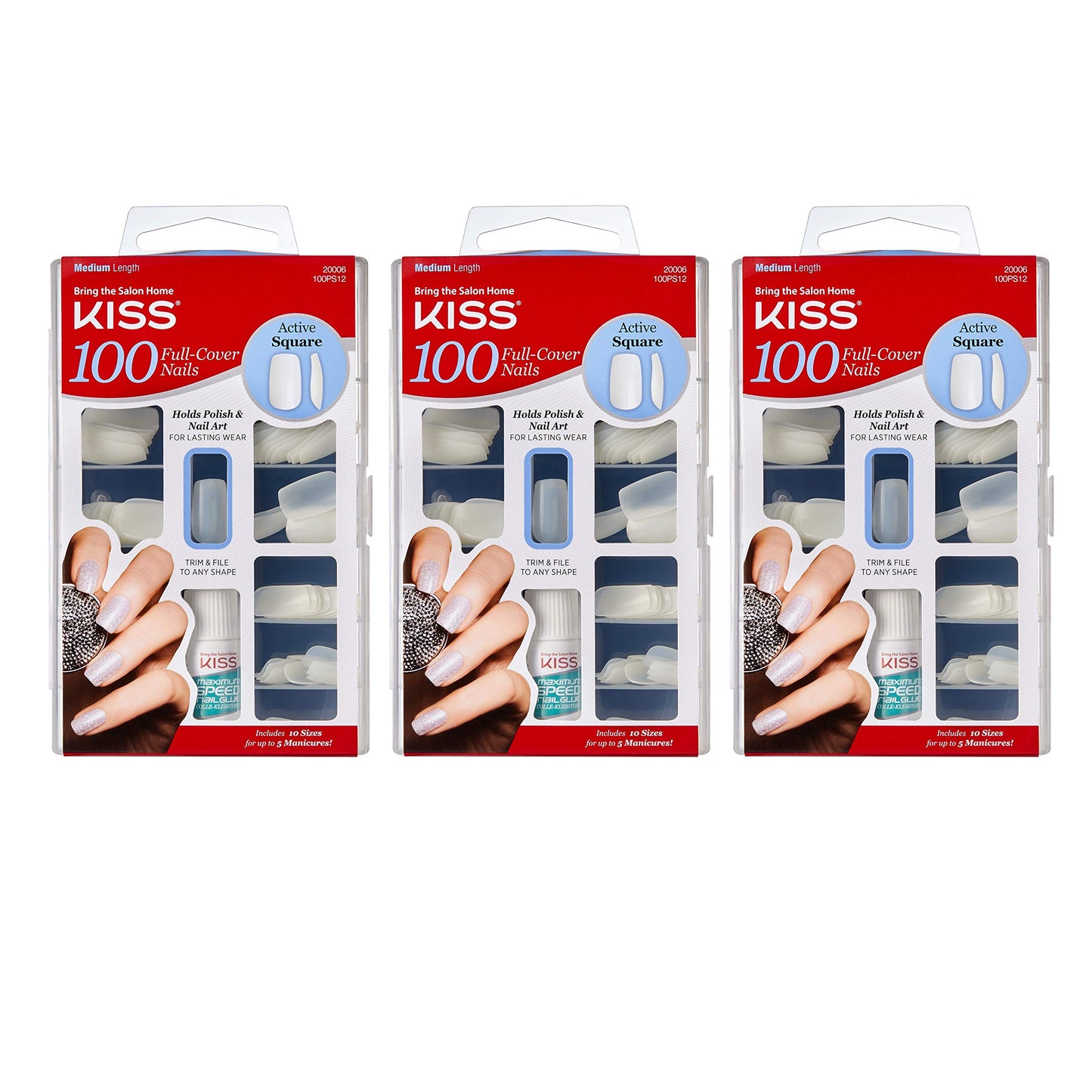 Kiss 100 Full Cover Nails Active Square (Pack of 3) Beauty & Personal Care KISS