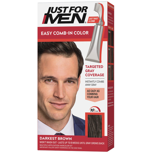 Just For Men Easy Comb-In Color (Formerly Autostop), Gray Hair Coloring for Men with Comb Applicator Included, Easy No Mix Application - Darkest