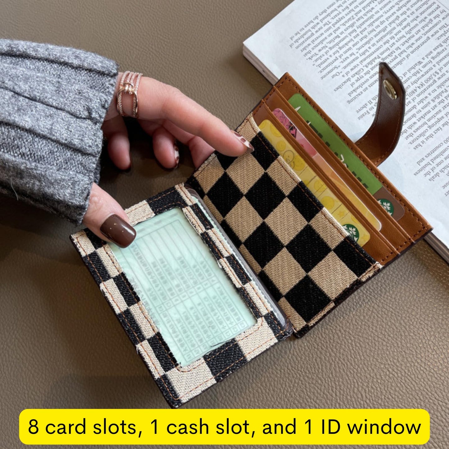 TURBOOST Cute Slim Card Holder Canvas Front Pocket Checkered Wallet, Small Credit Card Case for Women (Brown)