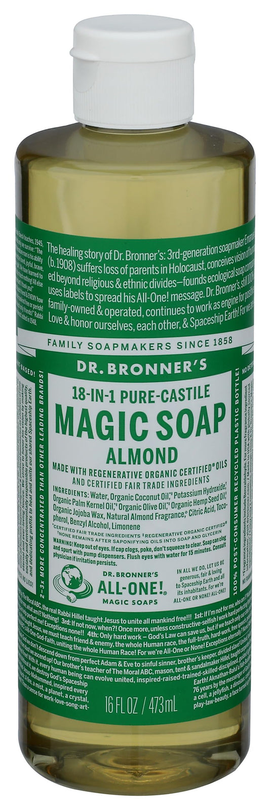 Dr. Bronner's 18-in-1 Hemp Almond Pure-Castile Liquid Soap, 1 Pound (Pack of 1).