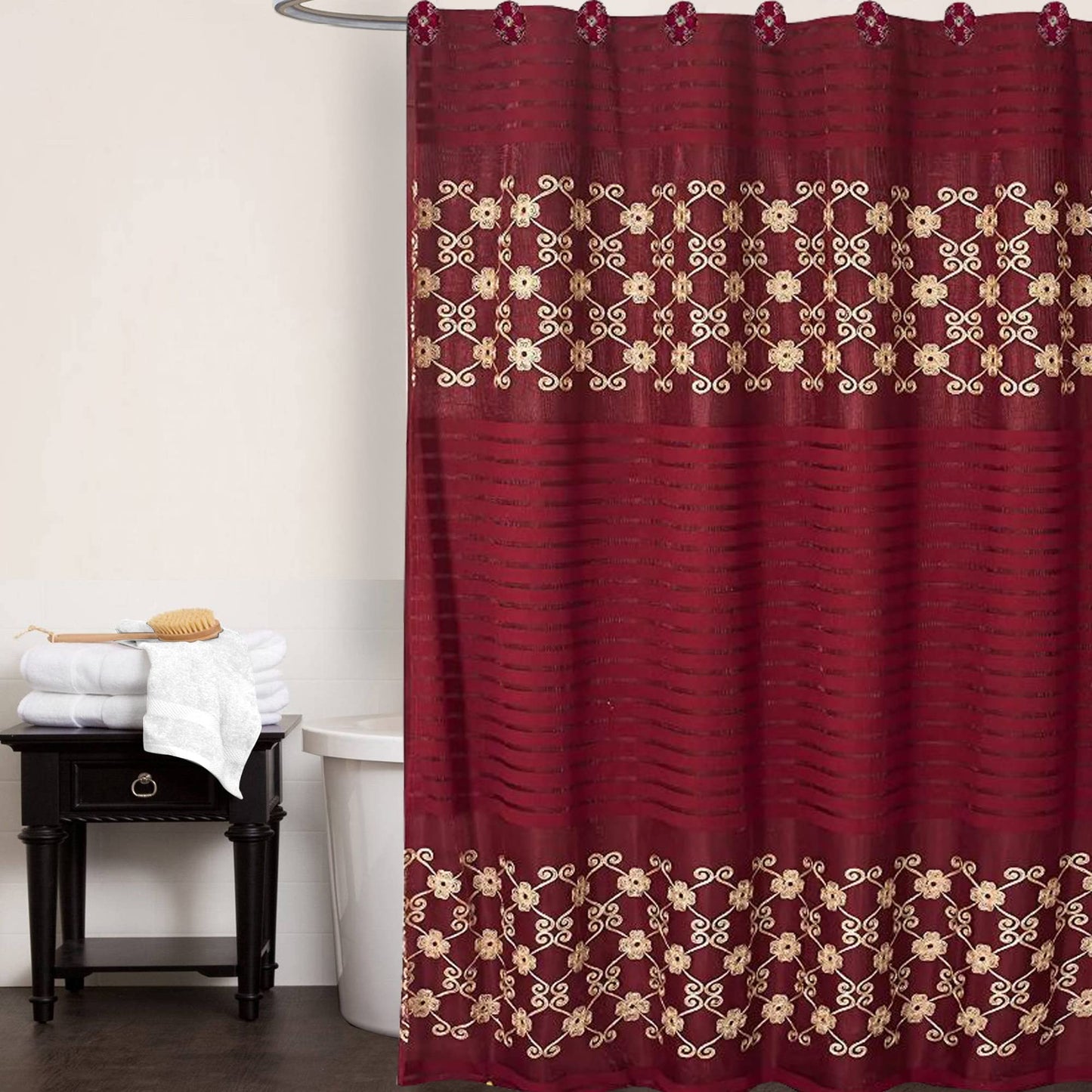 Popular Bath Shower Curtain, Vlegant Rosa Collection, 70" x 72", Burgundy/Gold