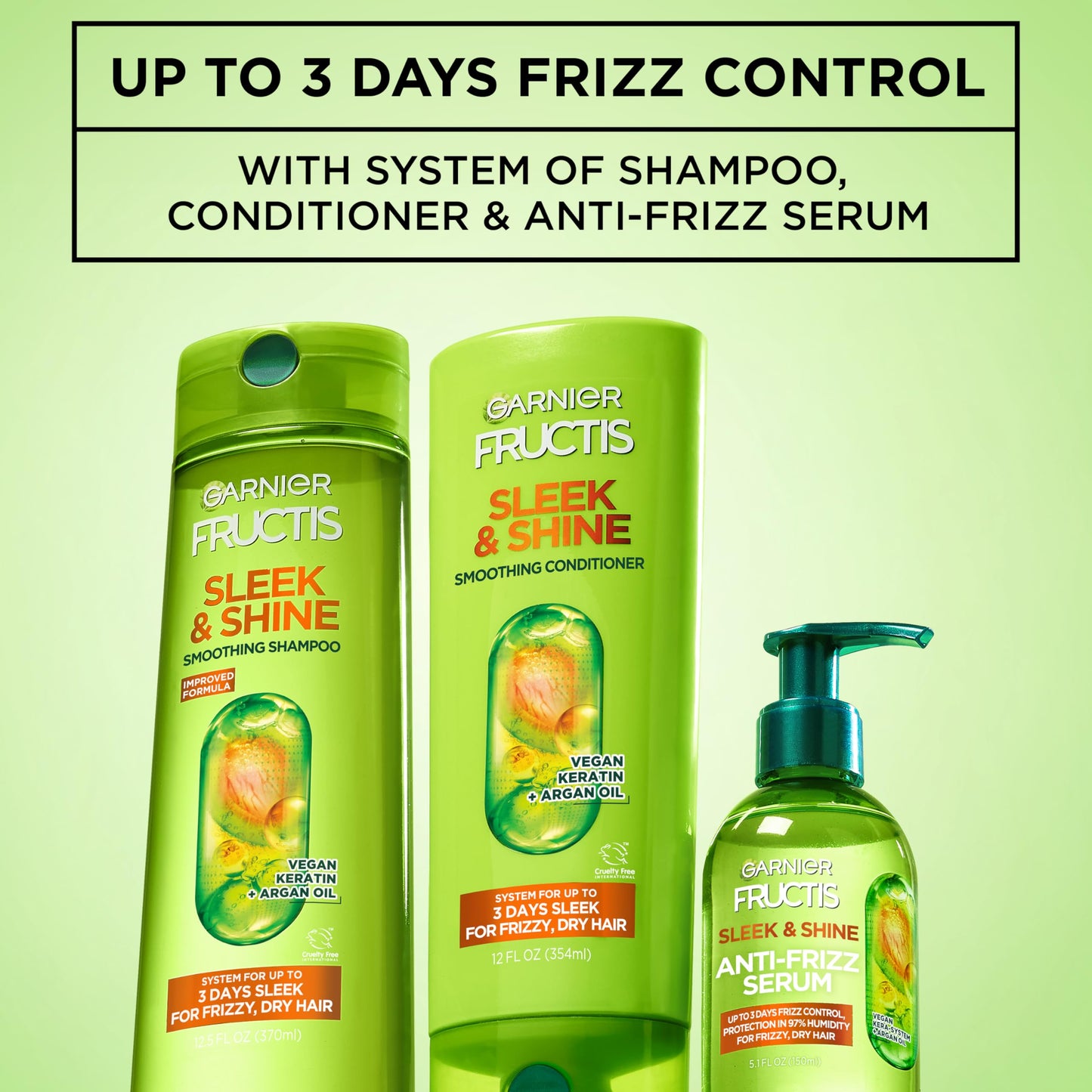 Garnier Fructis Sleek & Shine Anti-Frizz Serum, Leave-In Hair Treatment with Vegan Kera System + Argan Oil, Up to 72HR Frizz Control and Humidity
